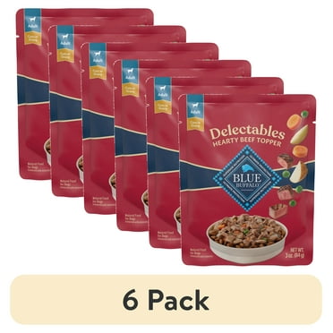 (6 pack) Blue Buffalo Delectables Natural Wet Dog Food Toppers, Hearty Beef, 3-oz Pouch