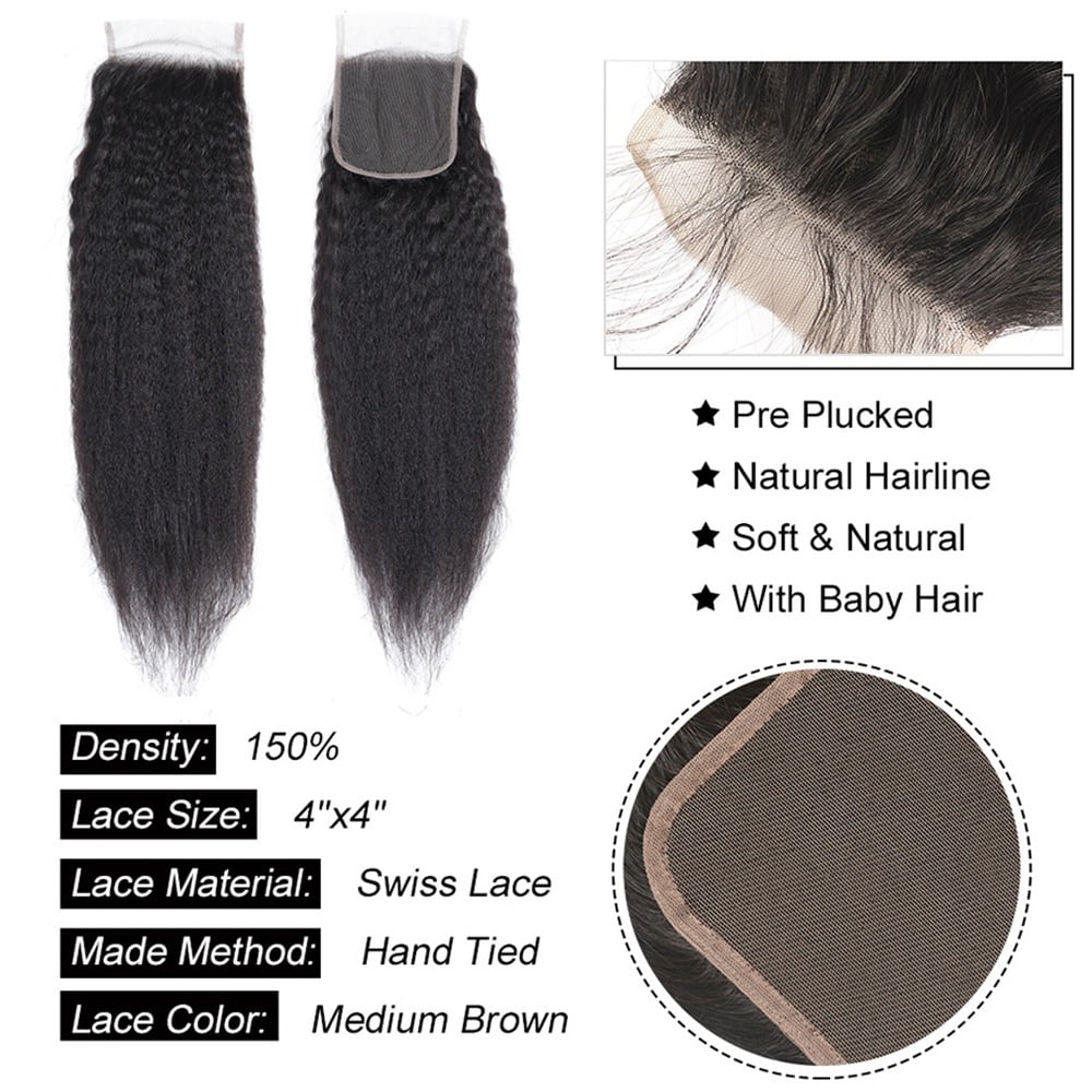 Kinky Straight Human Hair Bundles with 4×4 Lace Cosure Pre Plucked Natural Hairline