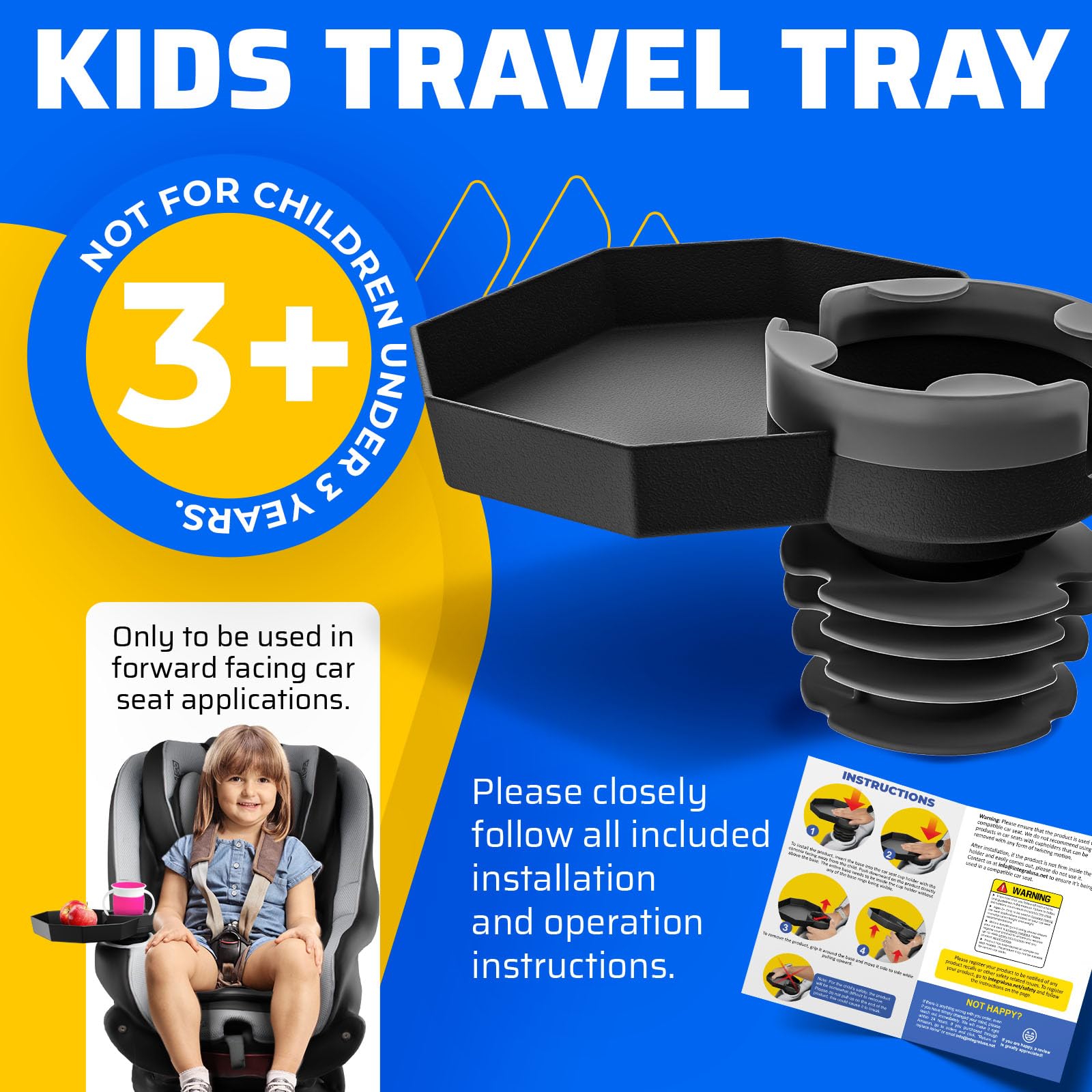 Kids Travel Tray Large Base - Car Seat and Car Cup Holder Tray - Tray for