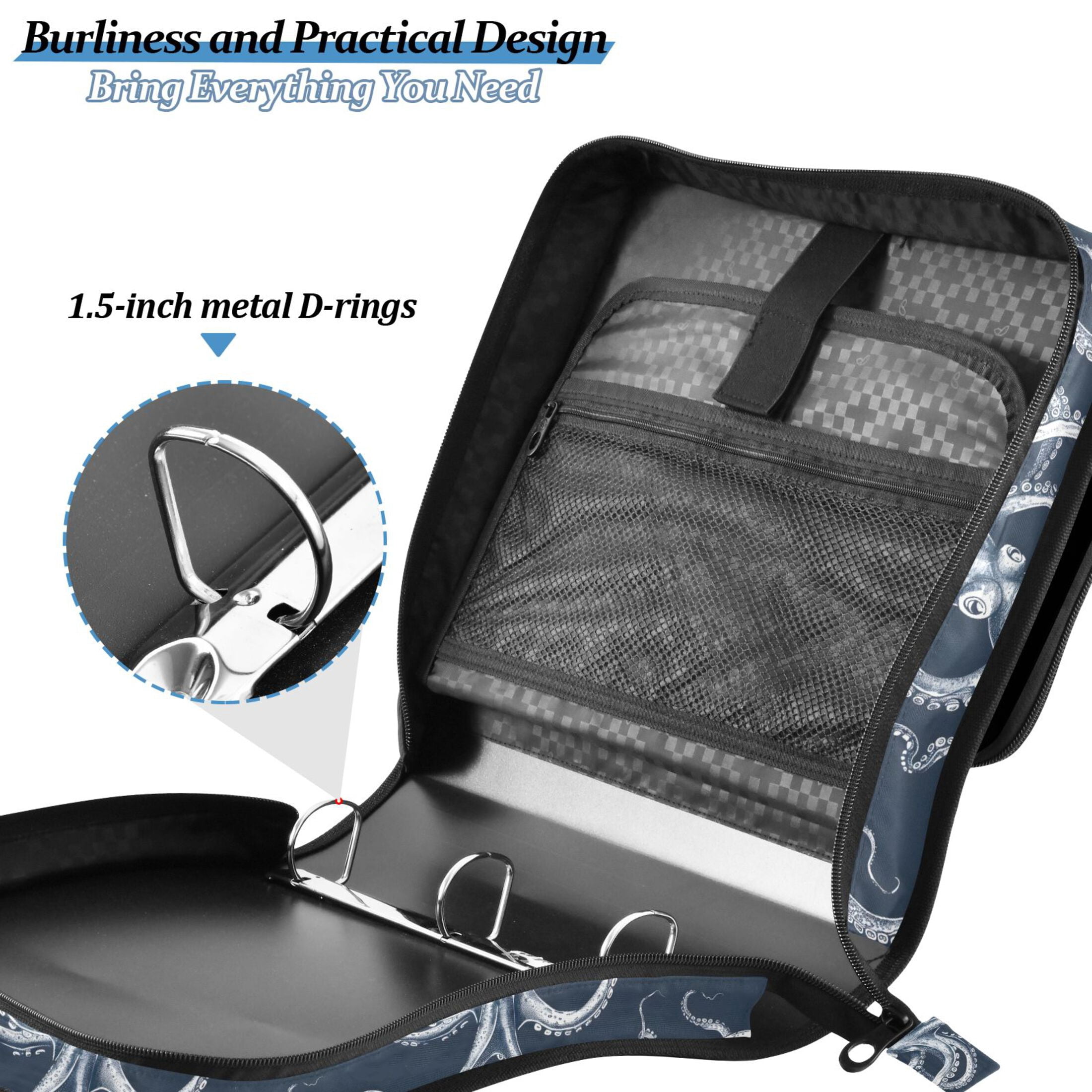 3 Ring Zipper Binder with Shoulder Strap Waterproof Trapper Keeper 2 Inch D-Ring 500 Sheets Capacity Octopus Sketchy