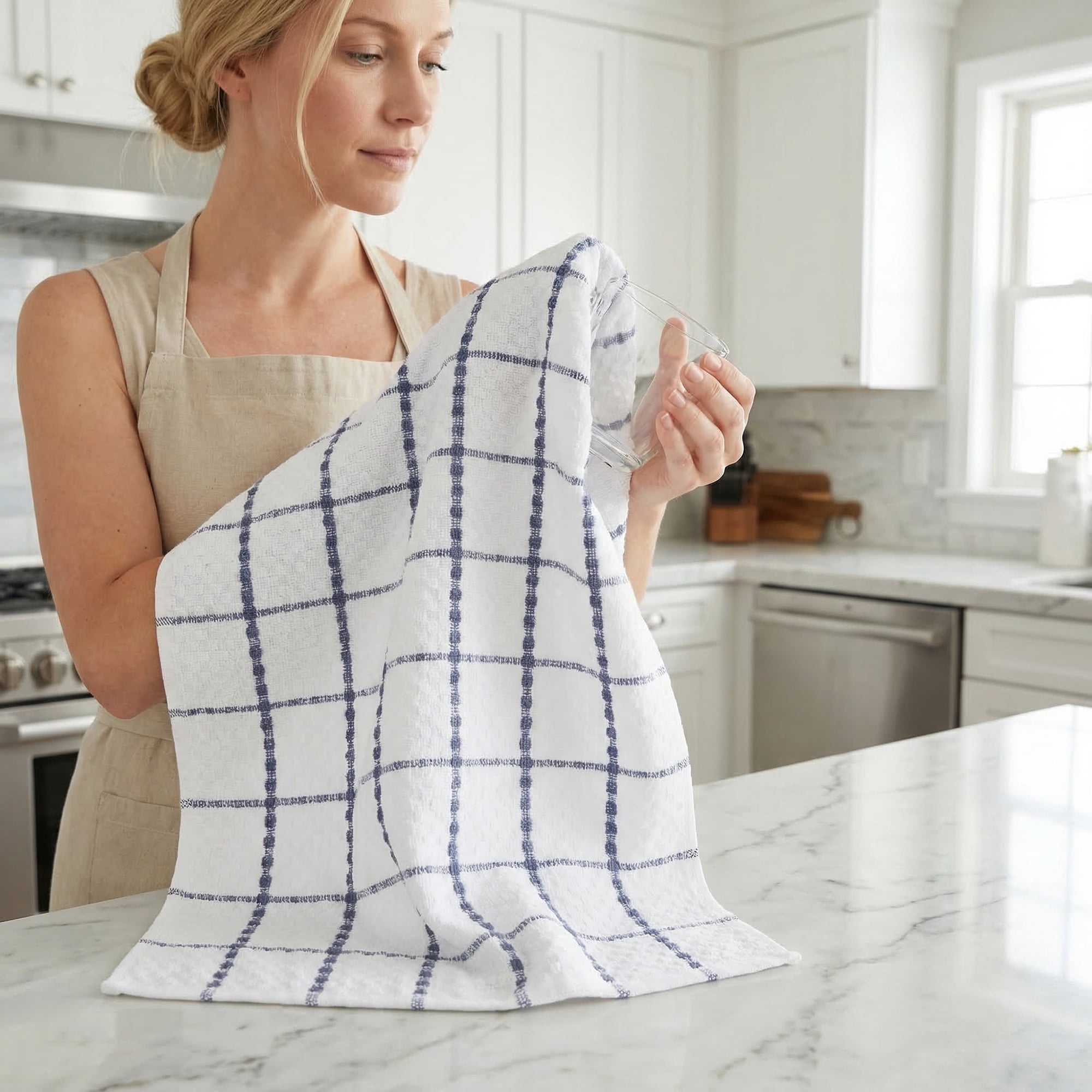 Unique Bargains 4 Pack Kitchen Towels Plaid 100% Cotton Quick Dry Blue/Green 25" x 15"