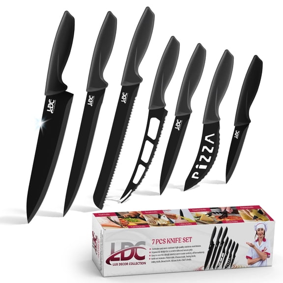 Lux Decor 7-Piece Kitchen Knife Set – Ultra Sharp High Carbon Stainless Steel Chef Knives with Anti-Rust, Non-Stick Coating, Anti-Slip Ergonomic Handle, Dishwasher Safe – Perfect Kitchen Home Gifts