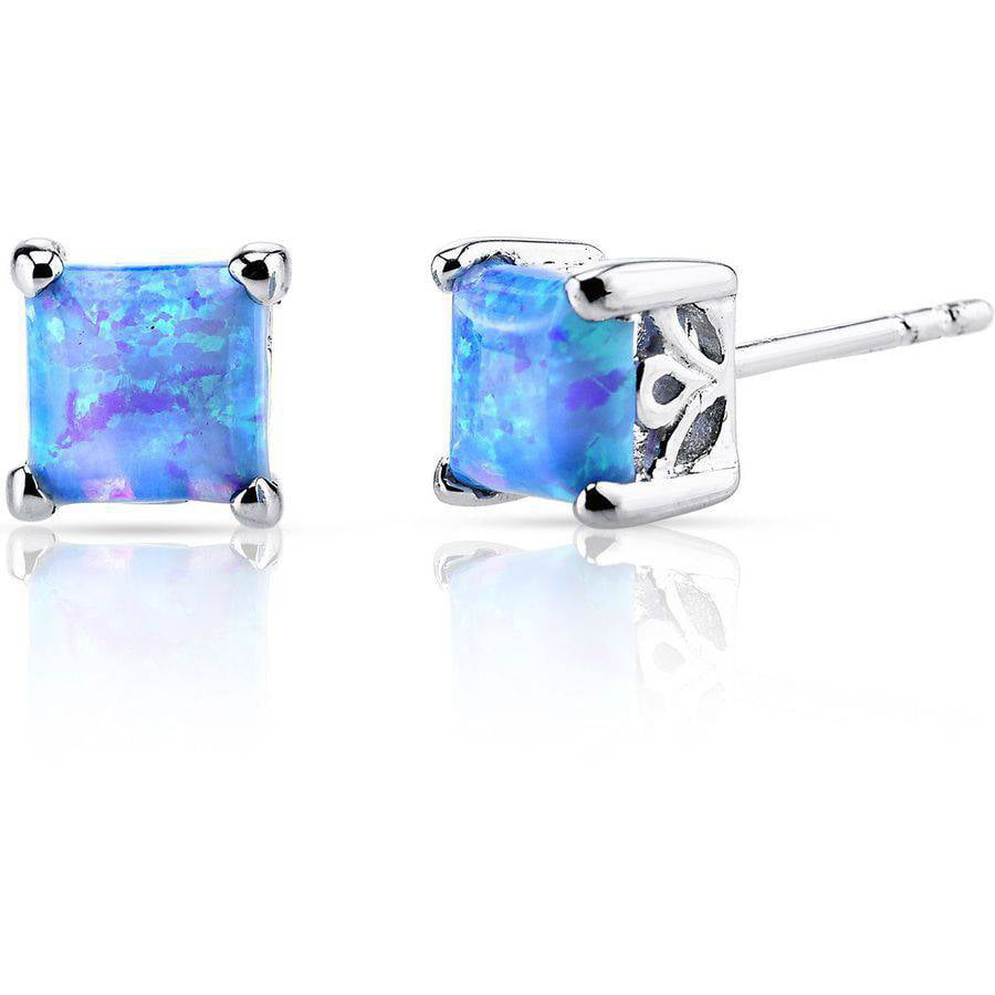 1.25 ct Princess Cut Created Blue Opal Stud Earrings in Sterling Silver ...