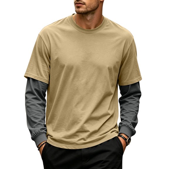 Hearthz Mens Shirts Long Sleeve Fake Two Piece Spliced Men's T-Shirts Crew Neck Contrast Streetwear Athletic Shirts for Men Khaki XXXL