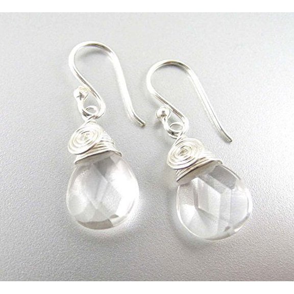 Briolette Crystal Drop Coil and Spiral Wrapped Sterling Silver Earrings, Clear