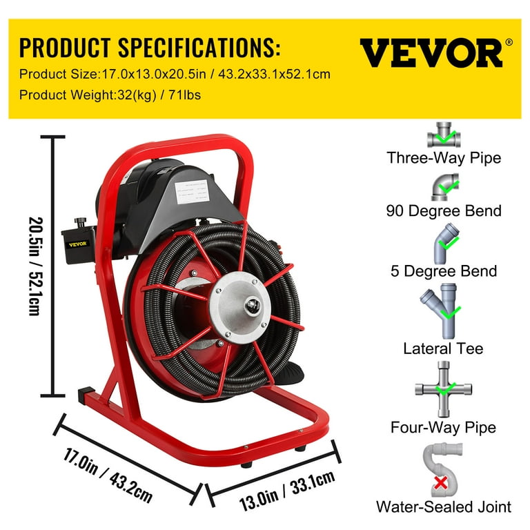 VEVOR Electric Drain Auger, 50' x 3/8, 250W Sewer Snake Machine Fit 2''-  4'' Pipes, Hair Clog Remover for Bathroom Shower Pipe Drain, Bathtub Hair  Clogs, Kitchen Sink Drain Cleaning