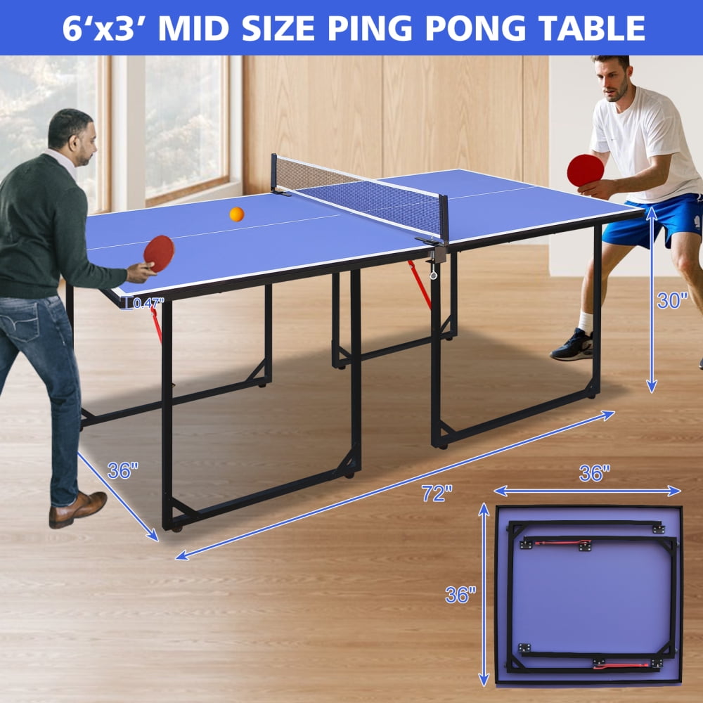 6ft Mid-Size Table Tennis Table, Foldable & Portable Ping Pong Table Set for Indoor & Outdoor Games with Net, 2 Table Tennis Paddles and 3 Balls