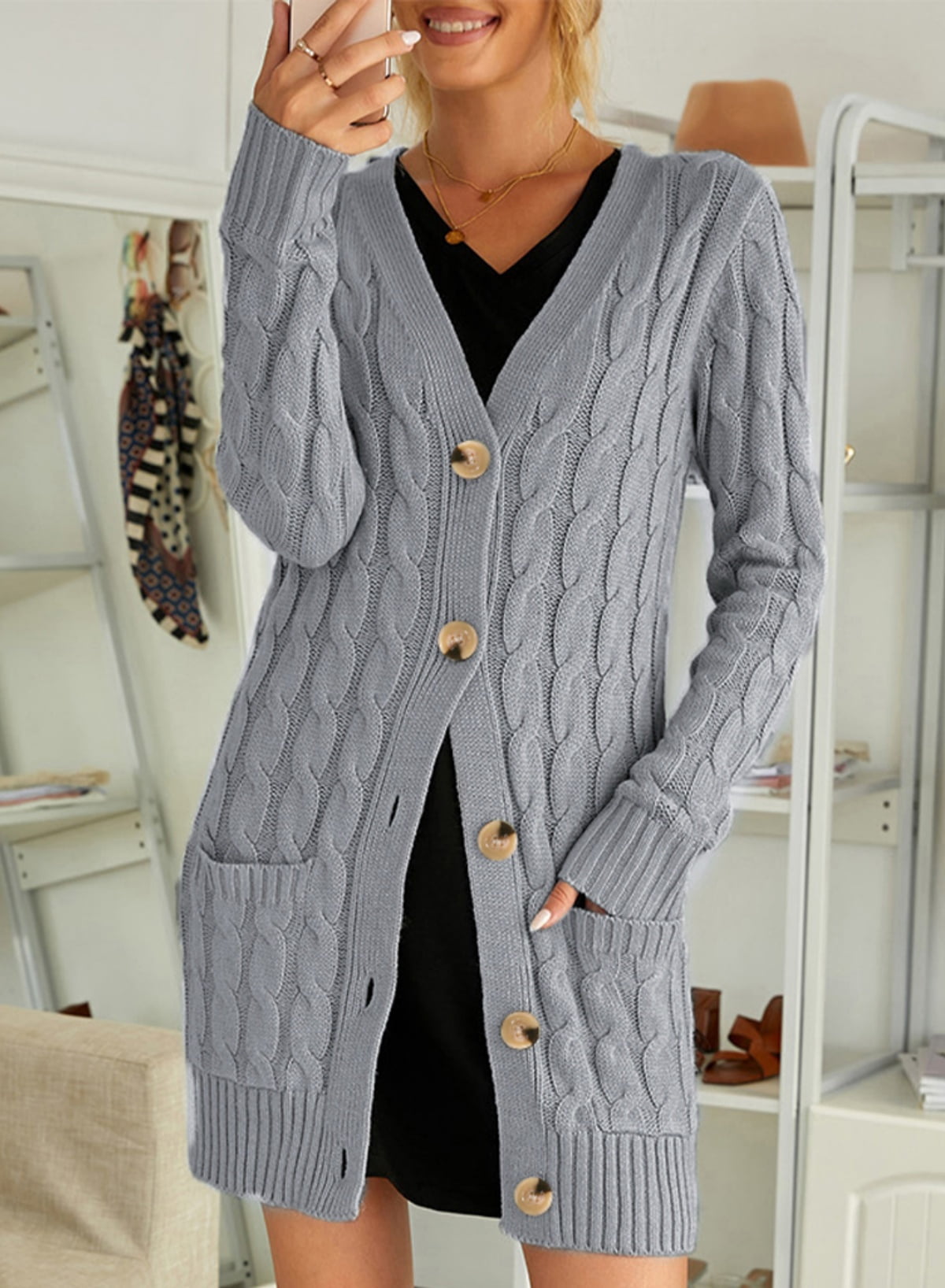 DOKOTOO Womens Cable Knit Cardigan with Pockets Button Down Gray Chunky Cardigans Open Front Loose Plus Size Sweater Outerwear for Work Spring Fall Winter Size Large US 12-14