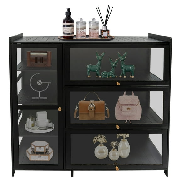 Bamboo Display Cabinet Storage Cabinet with Visible Doors Black Showcase for Entryway Living Room