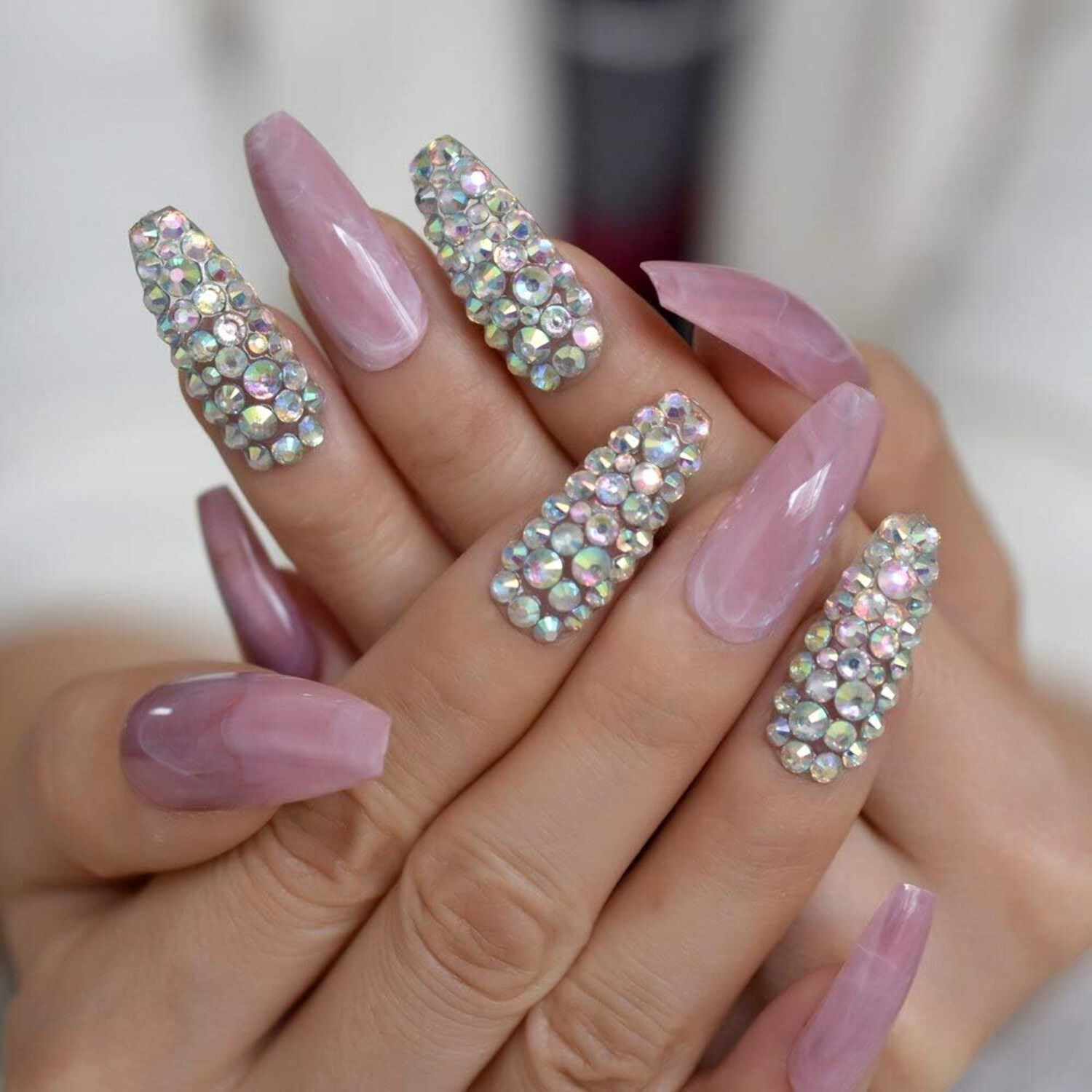 Nude Pink 3D Crystal Press On Nails, Extra Long Coffin Rhinestones Fake Nails, Marble Blossom