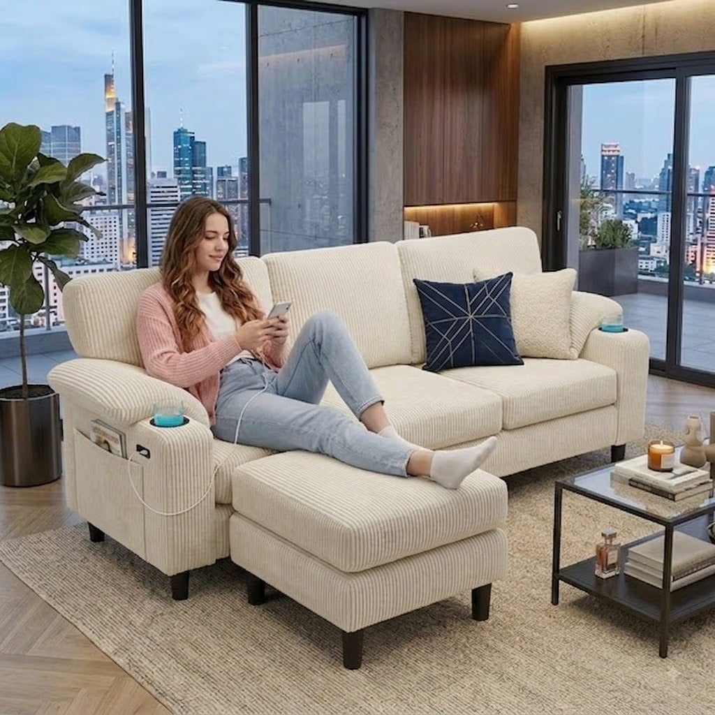 Howcool 80" Convertible Sectional Sofa Couch, L-Shaped Loveseat with Storage Ottoman, USB Ports, Cup Holders & Deep Seats, Modern Corduroy Fabric Couch for Apartment Living Room, Beige