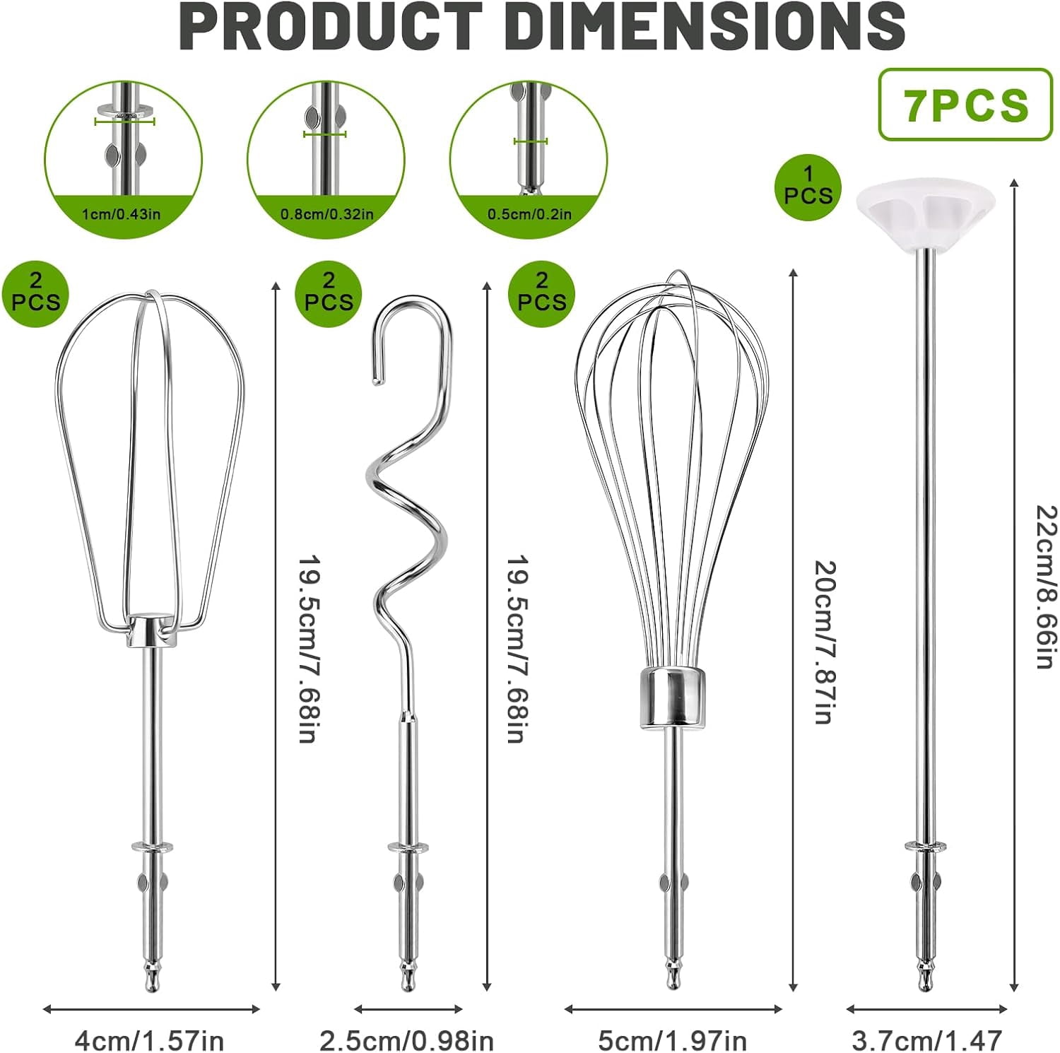 FRKSMD-7 Pieces Hand Mixer Attachments Beater, Whisk, Dough Hooks, and Liquid Blending Rod, Hand Mixer Accessories Compatible with KHM3 KHM5 KHM7 KHM9 (Silver)