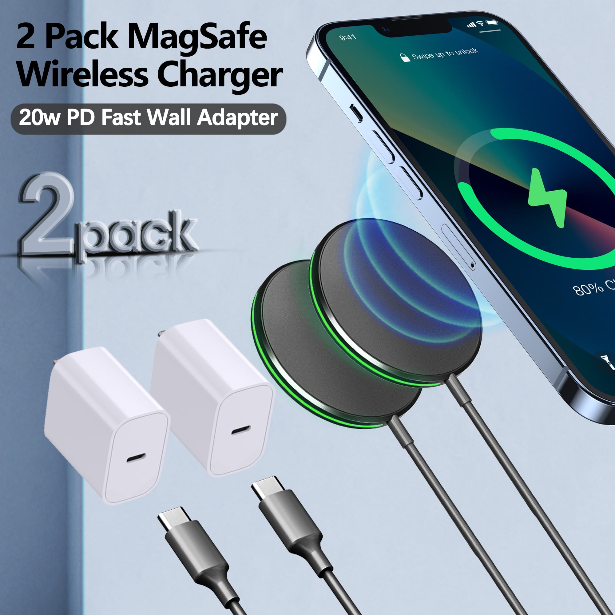 2 Pack 15W Magnetic Wireless Charger Mag-Safe Compatible with iPhone 17-12 Series & AirPods, 20W Adapter 5ft Cable Wireless Charging Pad