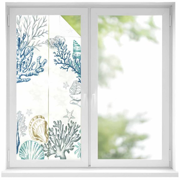 Coastal Window Privacy Film, Ocean Coral Shell Turquoise Blue Conch Static Cling UV Sun Blocking Heat Control Window Tint Day and Night, Non-Adhesive One Way Windows Privacy Cover 19.6''x39.3''