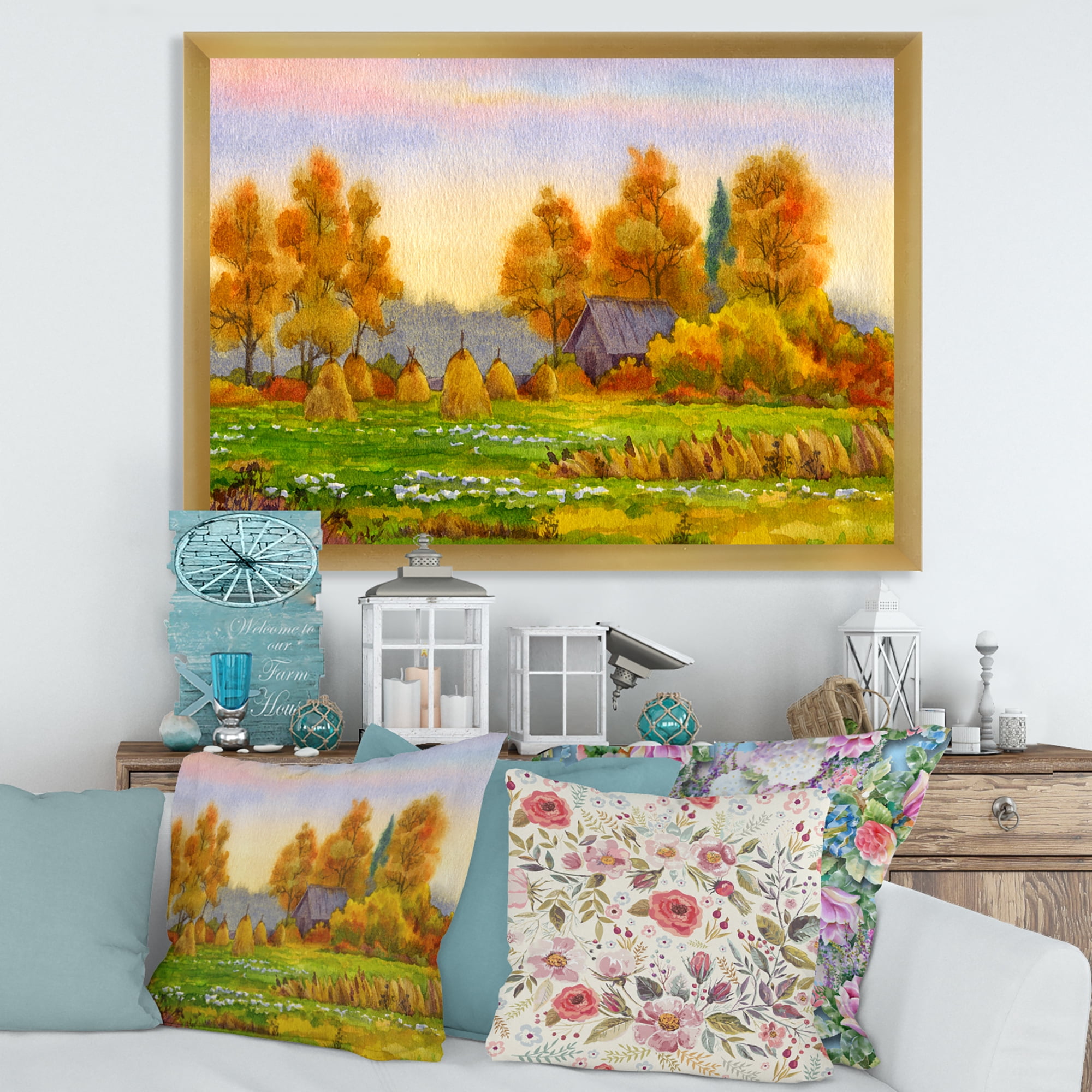 Designart 'Orange Fields With Haystacks I' Lake House Framed Art Print