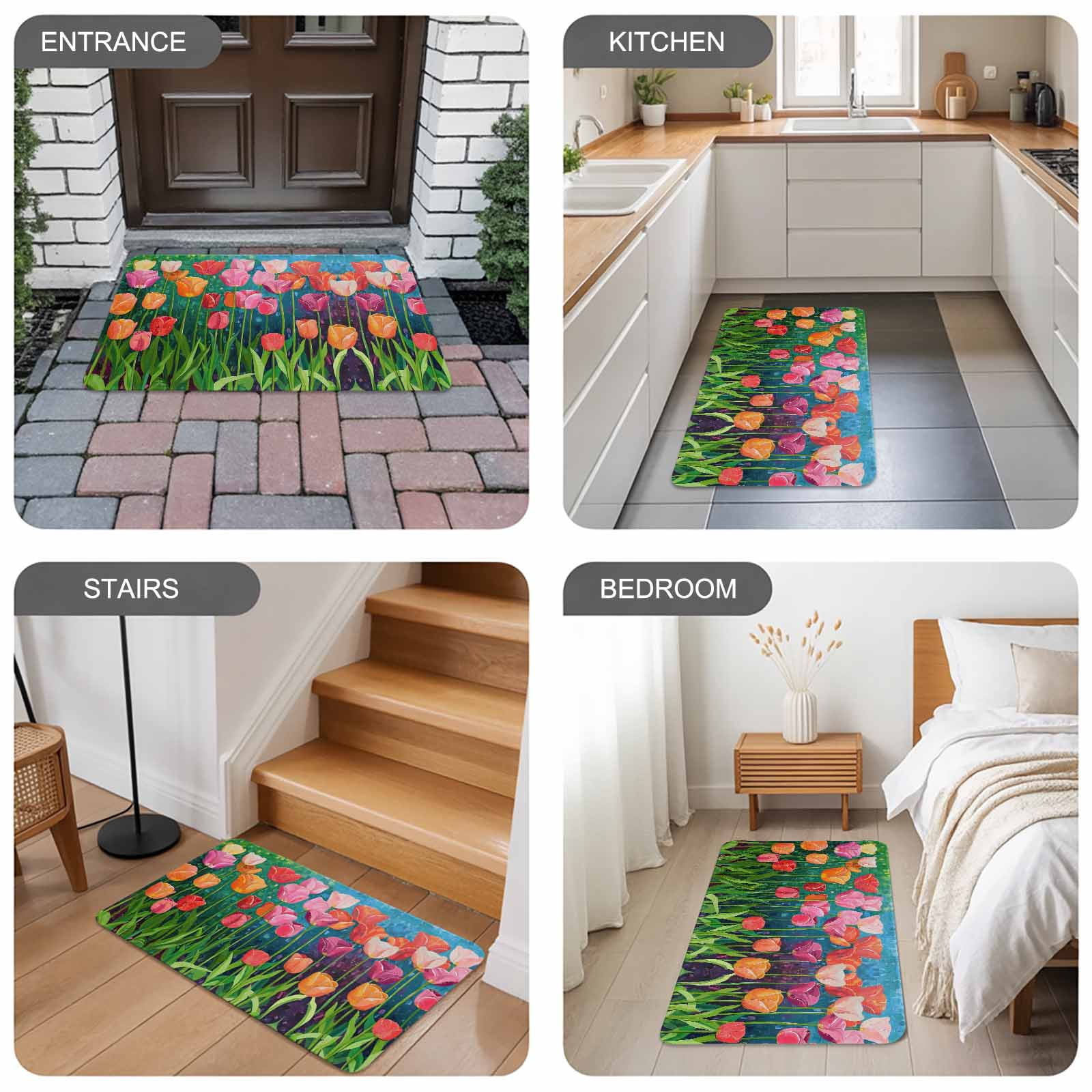 Colorful Spring Floral Doormat Outdoor Entrance 18"x30", Summer Botanical Oil Painting Absorb Moisture Dirt Door Mats, Non-Slip Rubber Backing Floor Mats Indoor, Low-Profile Front Door Rugs