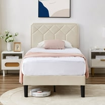 Taomika, Twin Size Tufted Nailhead Upholstered Platform Bed Frame with Adjustable Headboard-Beige