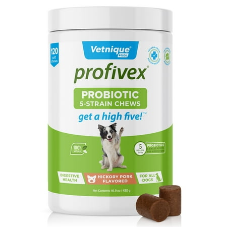 UPC: 0810082380576 | Vetnique Labs Profivex Probiotics Soft Chew Treats for Dogs: Easy to Give Daily Pet Digestive 5 Strain Probiotics Powder with Prebiotics & Added Fiber from Sweet Potato – 120ct Pork Liver