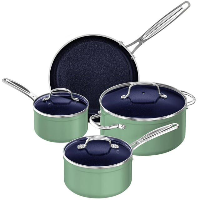 Nuwave Juego de utensilios de cocina de 7 piezas, cerámica saludable Duralon azul con revestimiento antiadherente, resistente a los arañazos con infusión de diamante, libre de PFAS, apto para horno, l