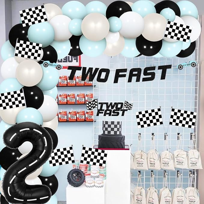 Two Fast Birthday Decorations Two Fast Balloon Arch Kit Race Car Two Fast Banner Vintage Retro Blue Apricot Cake Topper Racing Car Party Themed Birthday Supplies