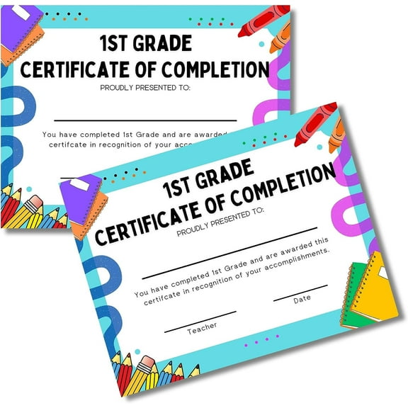 1st Grade Graduation Certificate of Completion 50 pk 8.5 x 11 for Elementary School Class End of Year Achievement Awards