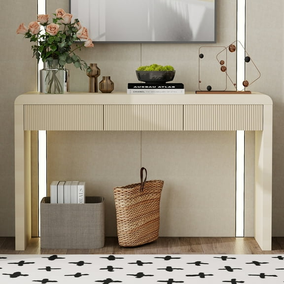 Curved Console Table with 3 Fluted Drawers, Versatile 53'' Long Accent Entryway Table Sofa Table with Adjustable Feet for Living Room, Apricot