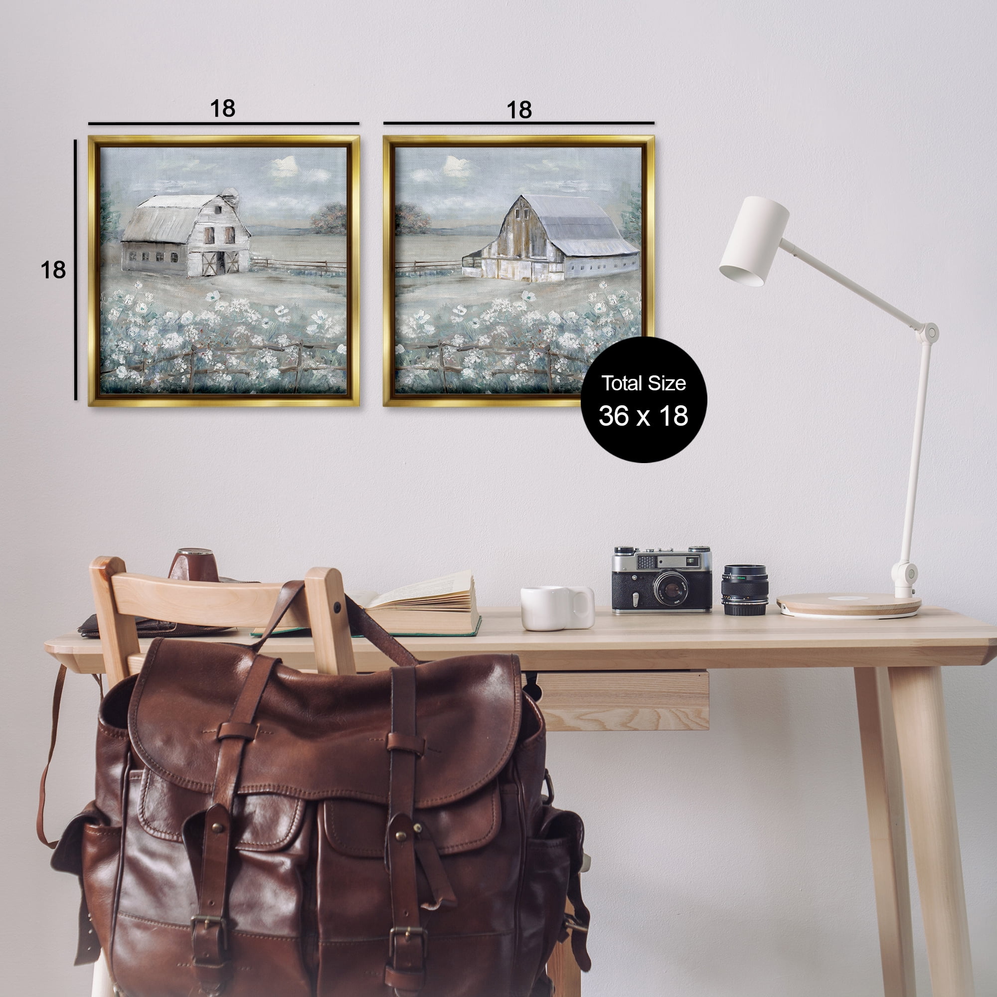 Stupell Industries Country Meadows with Barns Landscape & Nature Painting Gold Floater Framed Canvas Art Print Wall Art, 18 x 18, Set of 2
