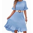 thumbnail image 2 of Women'S Short Sleeve Dresses High Waist Round Neck Solid Flounce Sleeve Ruffle Dress Sky Blue L, 2 of 8