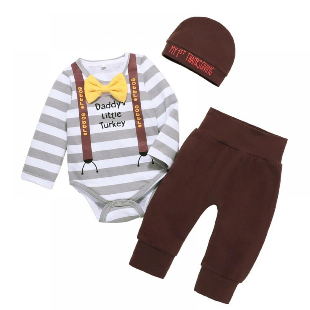 Summark My First Thanksgiving Outfit Newborn Baby Boy Gentleman Stripes  Letter Bow Romper Top + Pants Leggings + Turkey Hat 3PCS Set - Walmart.com