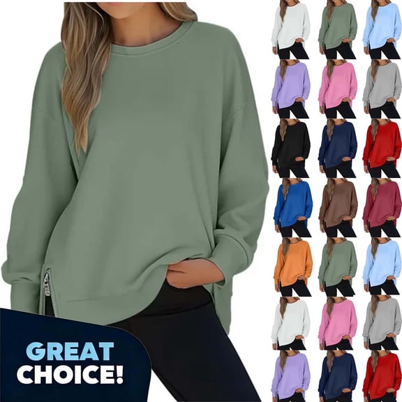 YODETEY Women's Crewneck Sweatshirt with Long Sleeve,Casual Side Zipper Sweatshirts, Women's Plus Gray,Size S