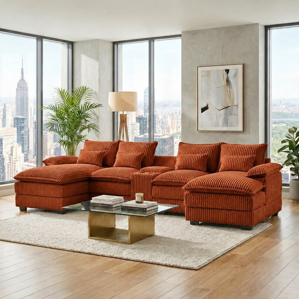 ShiKeyi Oversided 124" U Shaped Cloud Couch Sectional, DeepSeat Sofa Bed with USB Charging, Hidden Storage, Cup Holders & Chenille Double Chaise, Orange