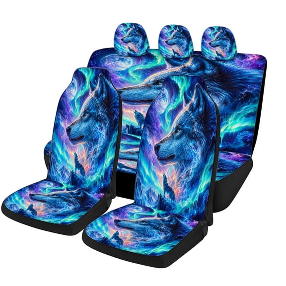 Verolix Aurora Wolf Car Seat Covers Full Set, Mesh Fabric Universal Fit Front and Rear Automotive Seat Covers for Cars SUVs Trucks Vans, Northern Lights Moon Mountain Interior Seat Protector Decor