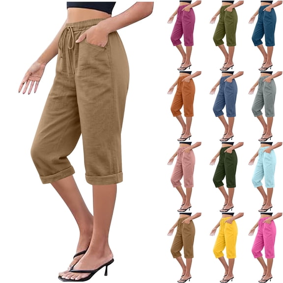 Dvprdro Cotton Capri Pants for Women Drawstring Elastic Waist Loose Fit Side Pockets Solid Summer Casual