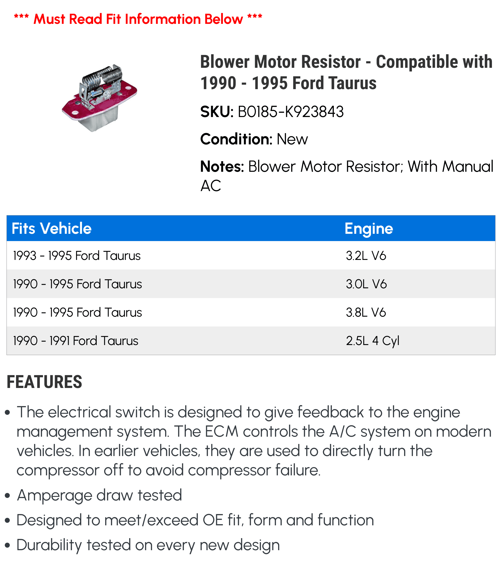 Blower Motor Resistor - Compatible with 1990 - 1995 Ford Taurus 1991 1992 1993 1994