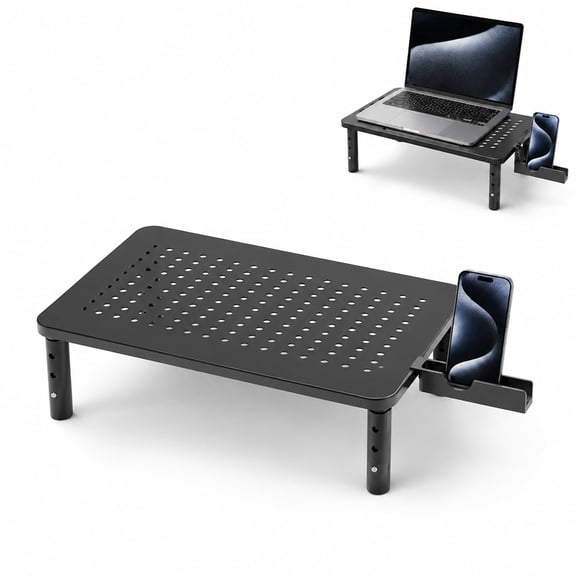 Height Adjustable Metal Monitor Riser, Ventilated Desktop Screen Support Shelf with Detachable Side Phone Holder