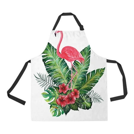 

PKQWTM Flamingo Tropic Bouquet Banana Palm Leaves Hibiscus Unisex Adjustable Bib Apron with Pockets for Commercial Restaurant and Home Kitchen Use