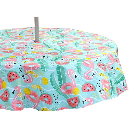 

Outdoor Summer Tropical Flamingo Pool Party Fun Patio Table Umbrella Vinyl Tablecloth Umbrella Hole with Zipper Aqua Green Mint Coral Red Yellow White 52 x 70 Inch Rectangle