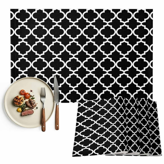 Black White Geometric Placemats Set of 4, Minimalist Morocco Pattern Table Mats Washable Heat-Resistant Non-Slip Place Mats for Kitchen Dinner Table Indoor Outdoor Decor,13x19 Inch