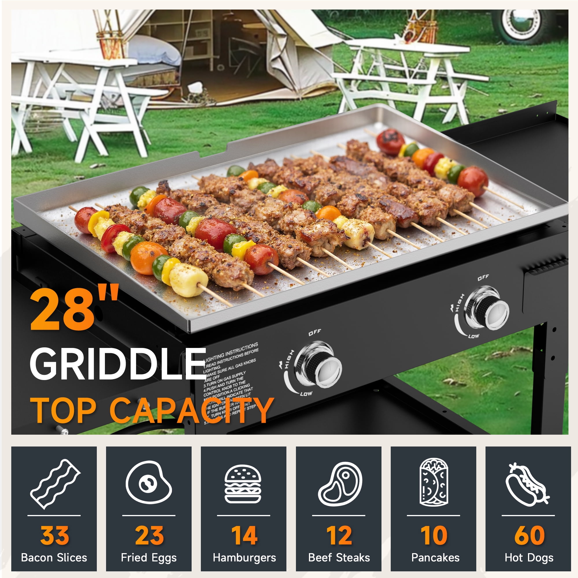 SKOK Foldable 2 Burners Gas Griddle - 28'' Outdoor Propane Flat Top Grill with Side Shelves - 30,000 BTU
