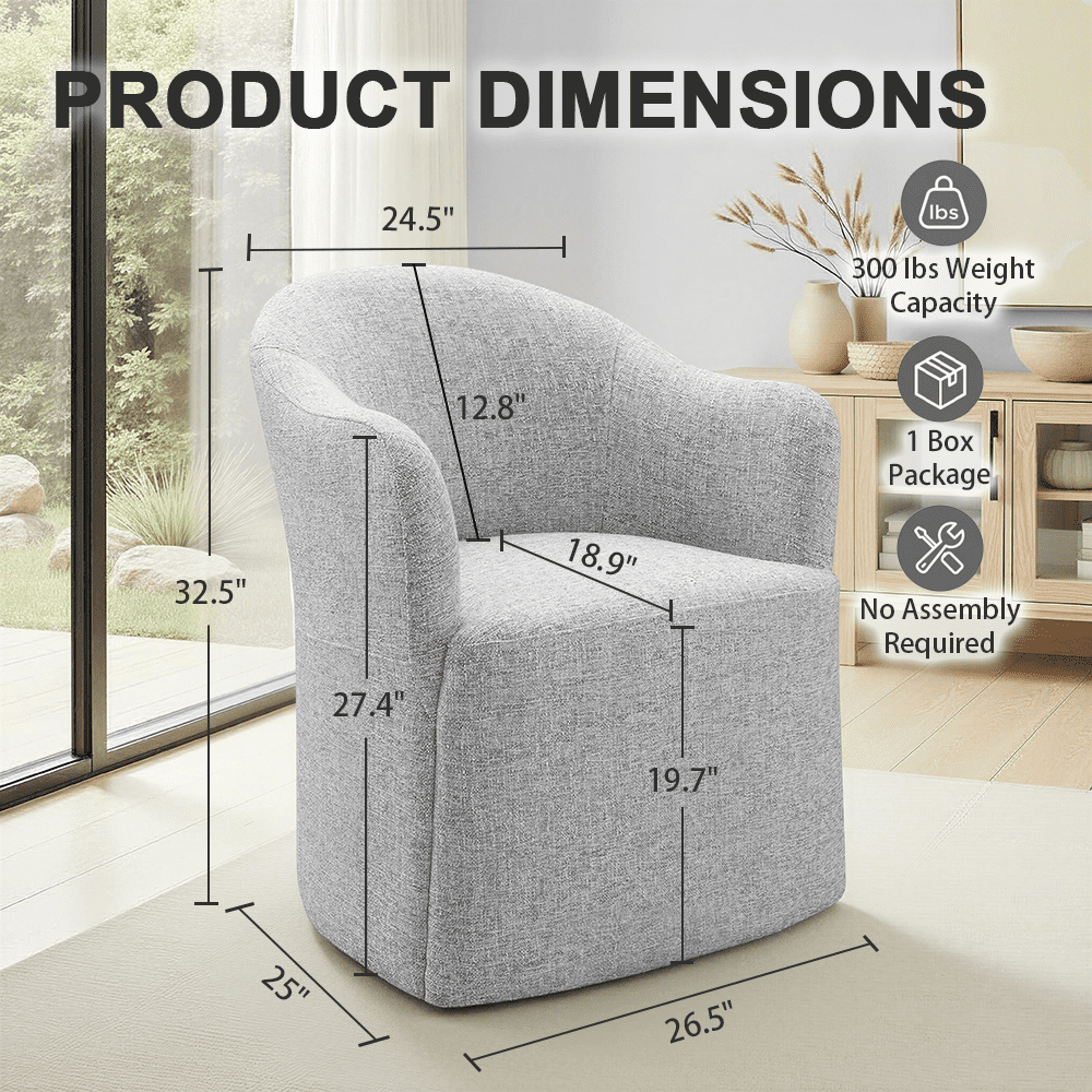 Aenkyo Dining Chair with Casters, Upholstered Barrel Back Rolling Accent Chair, Feather Gray