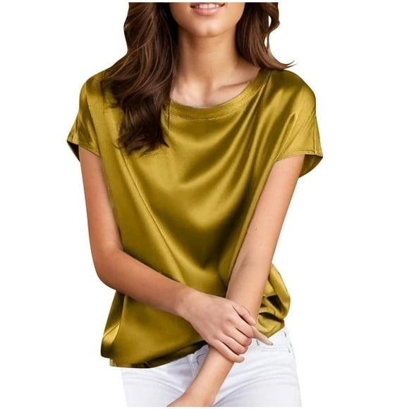 Eiyaclvo Women's Silk Tops Crewneck Satin T Shirts Short Sleeve Dressy Tops Summer Tops 2025 Trendy Casual T-Shirts Work Office Tee Tops