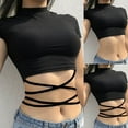 thumbnail image 6 of CENL Women Black Short T-Shirts Sexy Crop Tops Short Sleeve Bandage Women\'S T-Shirts, 6 of 7
