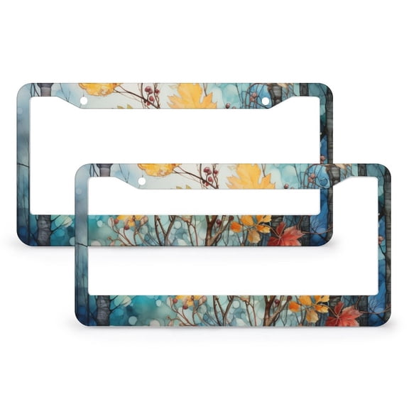 Maple Autumn Leaves License Plate Cover 2 Pcs Set Thanksgiving Autumn License Plate Frame License Plate Shield Frame for Us Standard Vehicles 2 Round Holes Metal License Plate Frame