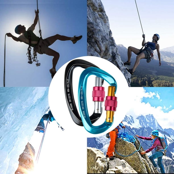 Mosquetones de escalada Mosquetón de aluminio certificado CE con tapón de rosca, forma de D, ideal para montañismo, senderismo, rescate, camping y pesca 9,9*6 cm (azul, negro) 2 piezas LingWen 9024715524201