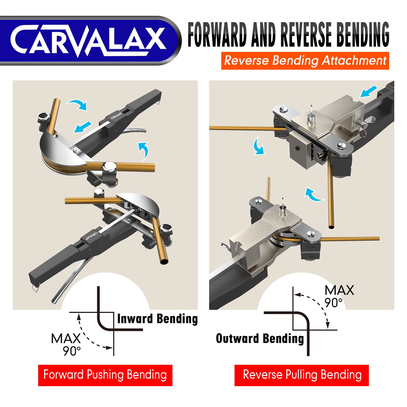 Carvalax Aluminum Pipe Tube Bender Set with 7 Electroplated Bender Heads, for 1/4” to 7/8” O.D, 90° Ratcheting Tubing Bender w/Reverse Bending Adapters, for HVAC, Air Conditioning, and Hydraulic Work