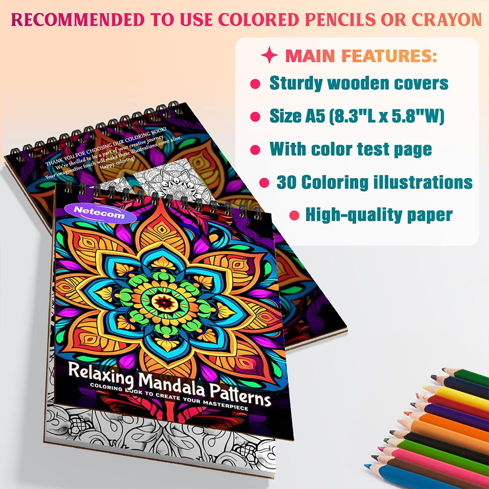Netecom Relaxing Mandala Patterns Coloring Book Spiral Bound For Adults, A5 Wooden Cover, 30 Beautiful Coloring Pages of Floral Mandalas for Stress Relief and Relaxation