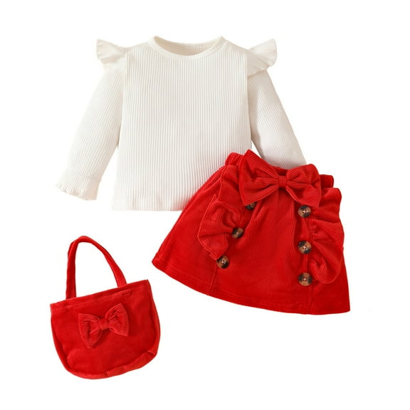 Otqutp Toddler Baby Girl Fall Outfits Long Sleeve T-shirt Top Bow Corduroy Suspender Skirt Overalls Toddler Girls Clothing Sets with Small Handbag (Red,18-24 Months)