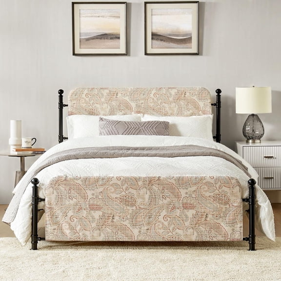 Queen Metal Platform Bed Frame Washable Ivory Upholstered Slipcover with Headboard Footboard Under Bed Storage Space,Black