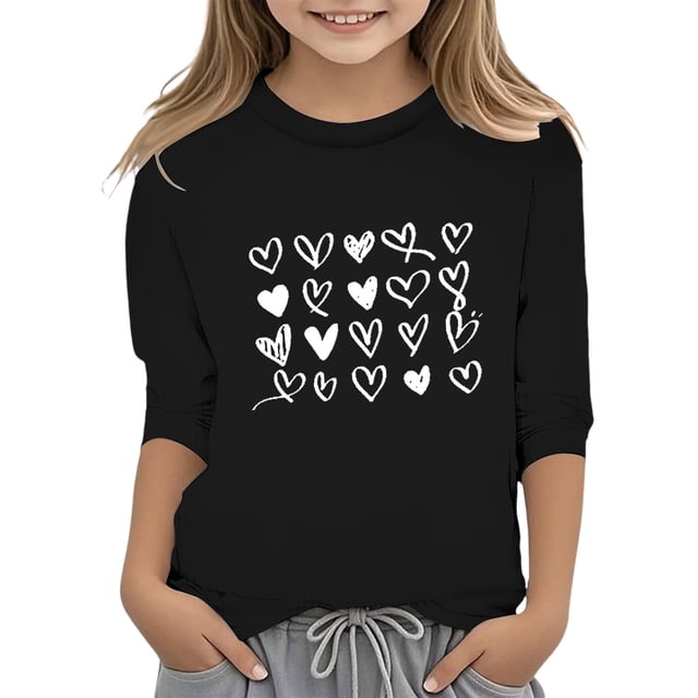 MEZZALL T-Shirt Décontracté à Manches 3/4 pour Filles avec Imprimé Cœur, Col Rond, Mode, Noir, 3-4 Ans