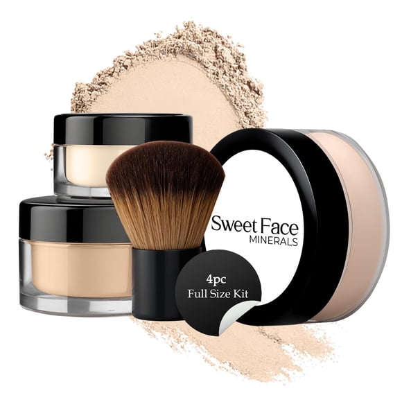 Kit de 4 piezas de tamaño completo (Feria 2) Maquillaje mineral Base suelta translúcida mate + Brocha Kabuki + Corrector + Polvos fijadores de acabado + Cara desnuda total SPF 30 Todo tipo de piel R